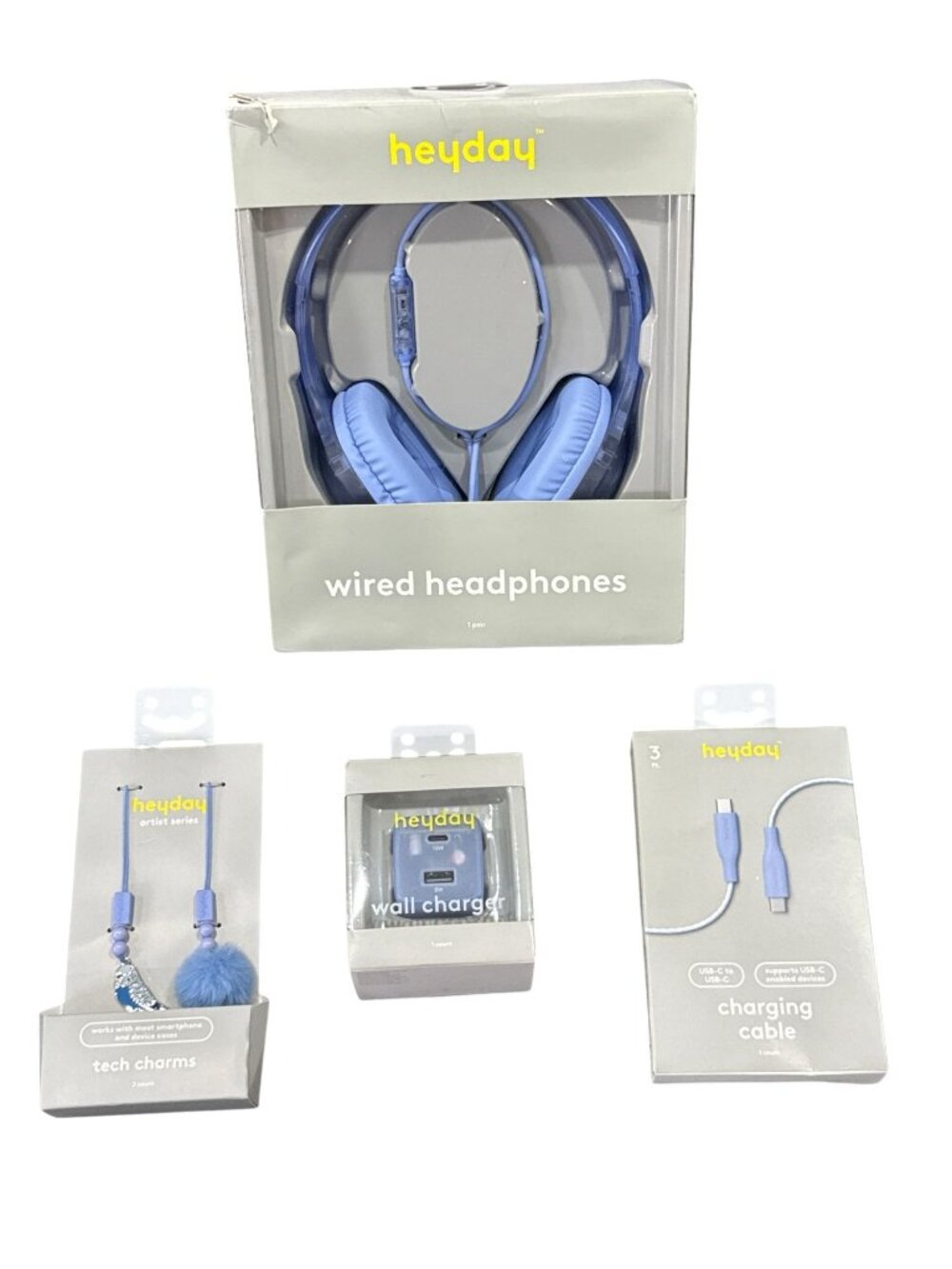 Heyday Wired Headphones, Charging Cable, Wall Charger & Tech Charms Bundle